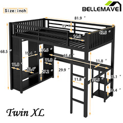 Bellemave® Metal Loft Bed with Built-in Wardrobe, Desk and Storage Shelves