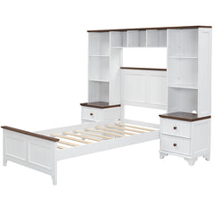 Bellemave® Solid Pine Wood Platform Bed with All-In-One 2 Nightstand Bookcase and Storage Shelf