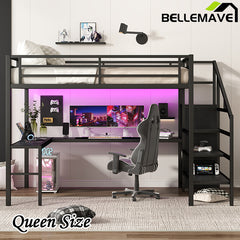 Bellemave® Metal High Loft Bed with L-shaped Desk and USB, Wardrobe and Adjustable Shelf, LED Light