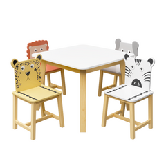 Bellemave® 5 Piece Cartoon Animals Kids Wood Table with 4 Chairs Set