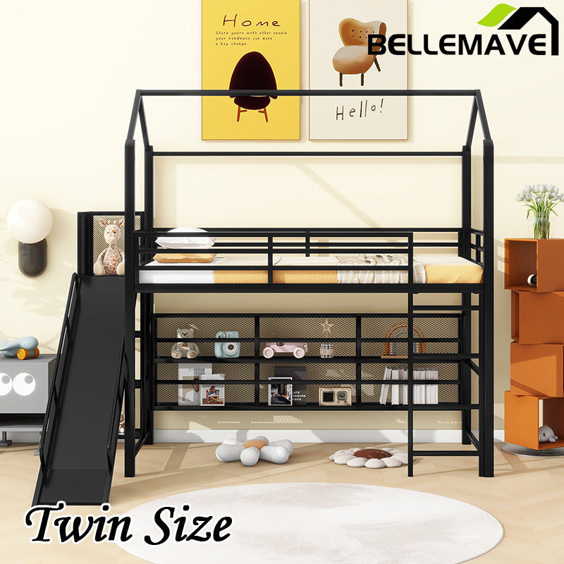 Bellemave® Twin Size Metal House Loft Bed with Iron mesh Shelves and Slide