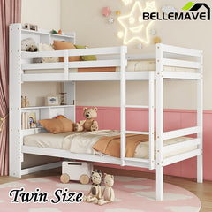 Bellemave® Twin Size Rubber Wood Bunk Bed with Shelves Headboard, Safety Guardrails and Ladder(Convertible)