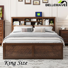 Bellemave® King Size Wood Platform Bed with Multi-storage Headboard, USB and Drawers