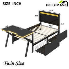 Bellemave® Metal Gaming Platform Bed with LED Headboard, LED Desk, USB and Two Storage Drawers