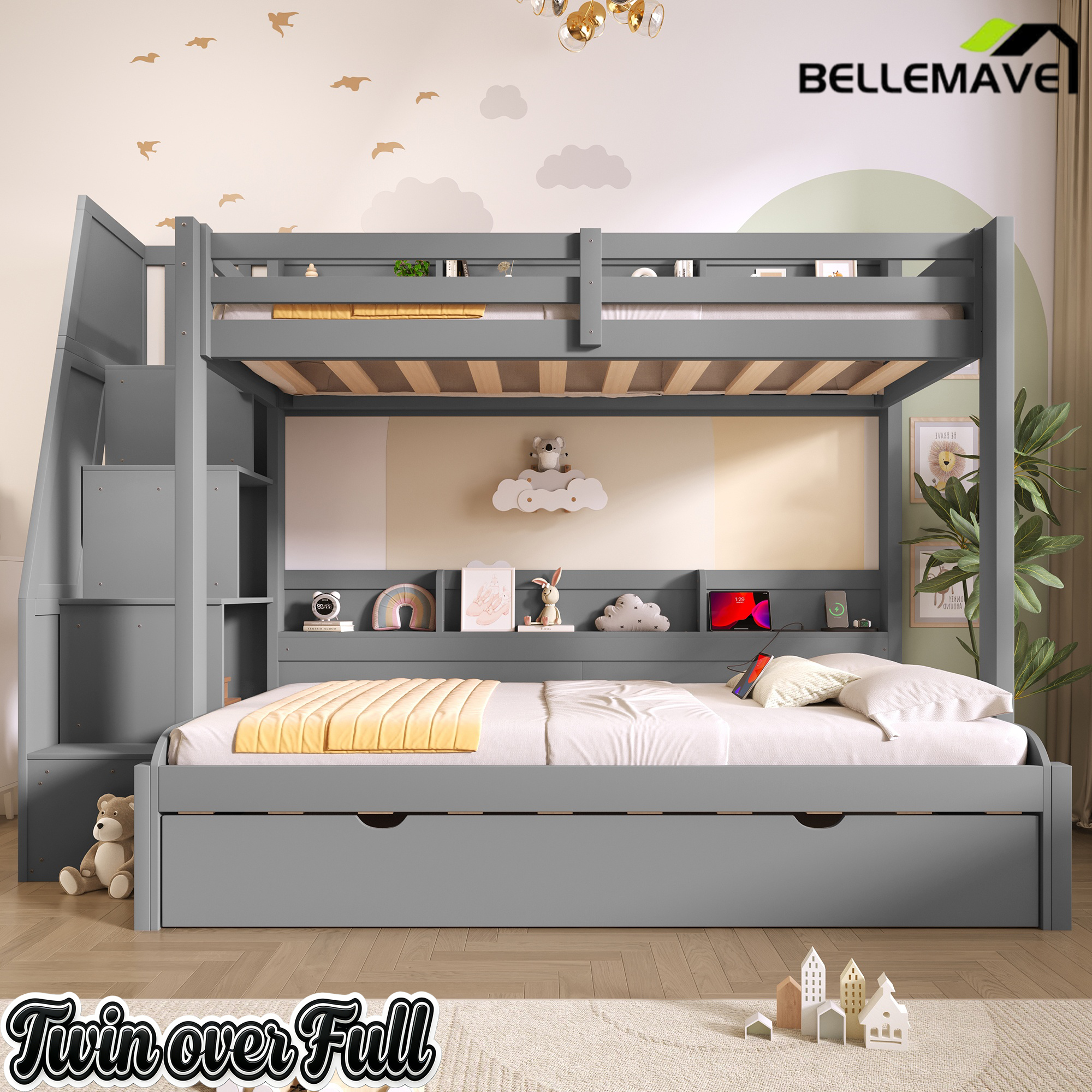 Bellemave® Twin Over Full Bunk Bed with Storage Staircase, Trundle, Built-in Shelves & USB Charging Station for Kids Teens Bellemave®