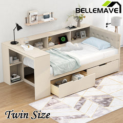 Bellemave®  Wood Daybed with Storage Shelves, Drawers, Charging Station and Upholstered Headboard