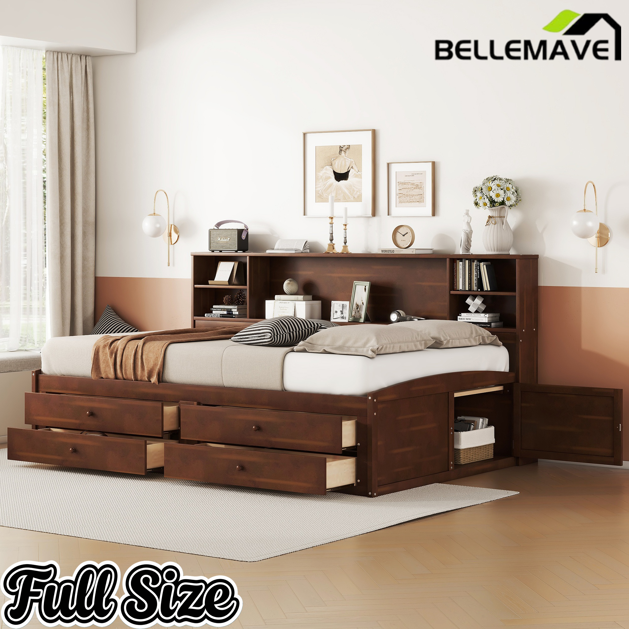 Bellemave Full Size Wooden Captain Bed with Built-in Storage Shelves, 4 Drawers and 2 Cabinets, Antique Brown Bellemave