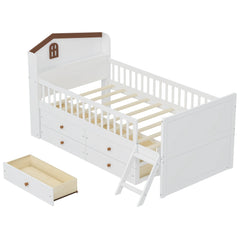 Bellemave® Twin Size Wooden Platform Bed with Storage 4 Drawers,Guardrail Headboard and Ladder