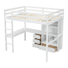 Bellemave® Full Size Loft Wood Bed with Desk, Storage shelves and Drawers, Built-in Ladder and Guardrails