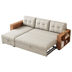 Bellemave® 84" Upholstered Pull Out Sectional Sofa with Storage Chaise and Wooden handrail