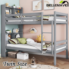 Bellemave® Twin Size Rubber Wood Bunk Bed with Shelves Headboard, Safety Guardrails and Ladder(Convertible)