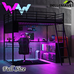 Bellemave® Metal Loft Bed with LED, Desk and 4 Storage Shelves