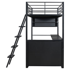 Bellemave® Metal Loft Bed with LED, Desk and 4 Storage Shelves