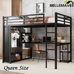 Bellemave® Queen Size Metal Loft Bed with Built-in Wardrobe, Desk and Storage Shelves