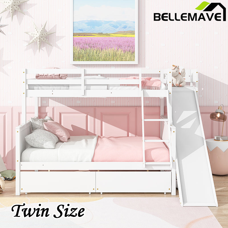 Bellemave® Twin over Full Rubber Wood Bunk Bed with 2 Drawers, Slide, Shelves, Ladder