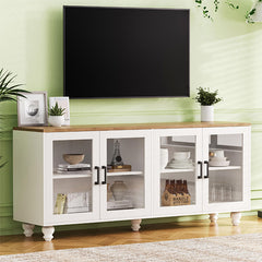 Bellemave® 63" Farmhouse TV Stand with Tempered Glass Doors,Adjustable Shelves and 5 Solid Wood Gourd-Shaped Legs