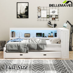 Bellemave® Full Size Wood Daybed with Storage Shelves, USB, LED, and Trundle