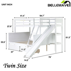 Bellemave® Twin over Full Rubber Wood Bunk Bed with 2 Drawers, Slide, Shelves, Ladder