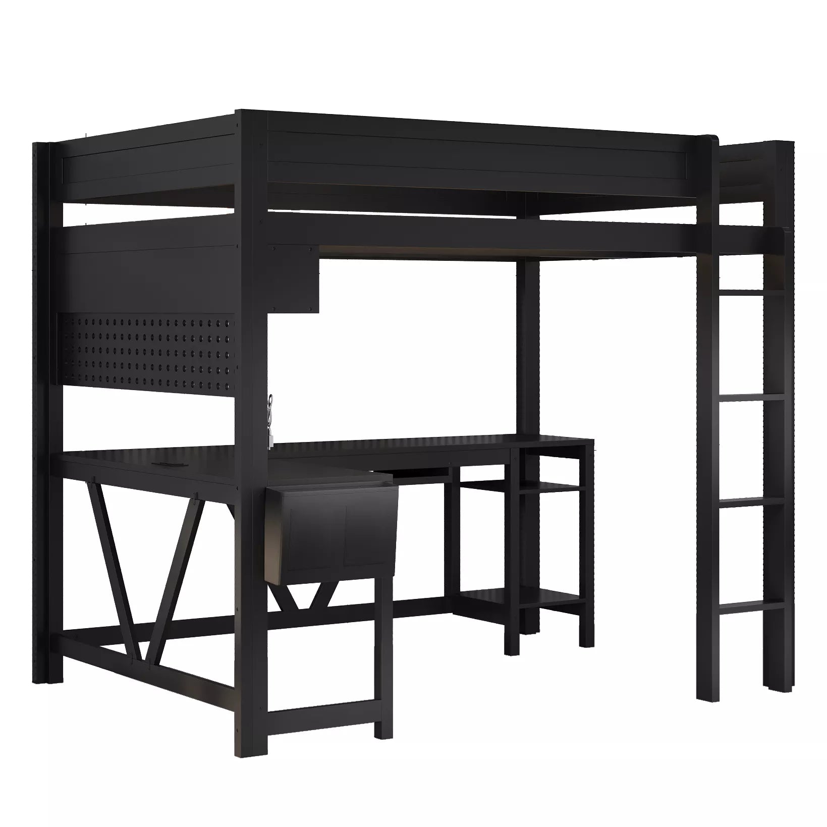 wood gaming loft bed frame with safety guardrails