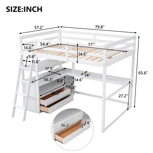 Bellemave® Loft Bed with Desk and Shelves, Two Built-in Drawers Bellemave®