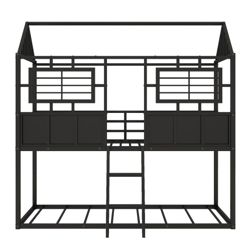 Bellemave Twin Size Metal Low House Bunk Bed with Roof and Fence-shaped Guardrail