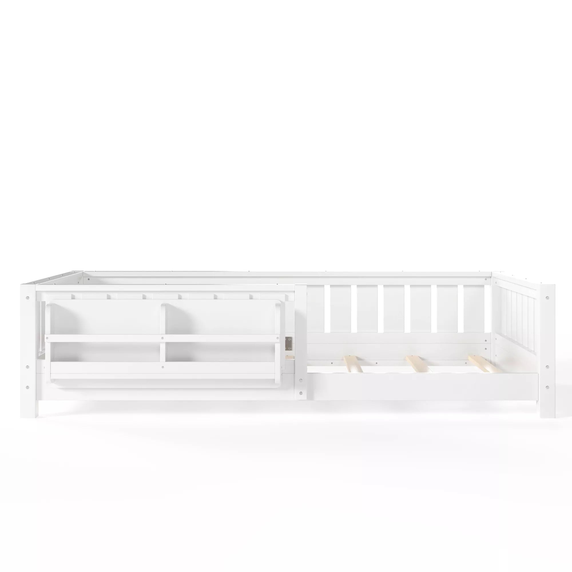 Low profile kids floor bed frame with surrounding safety guardrails