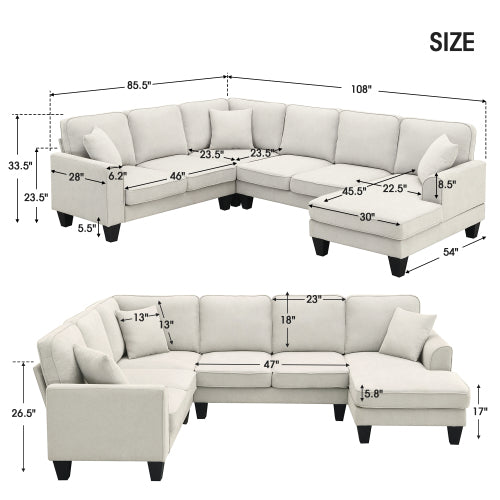 Bellemave 108" Modern U Shape Sectional Sofa, 7 Seat Fabric Sectional Sofa Set with 3 Pillows Included