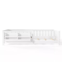 Low profile kids floor bed frame with surrounding safety guardrails