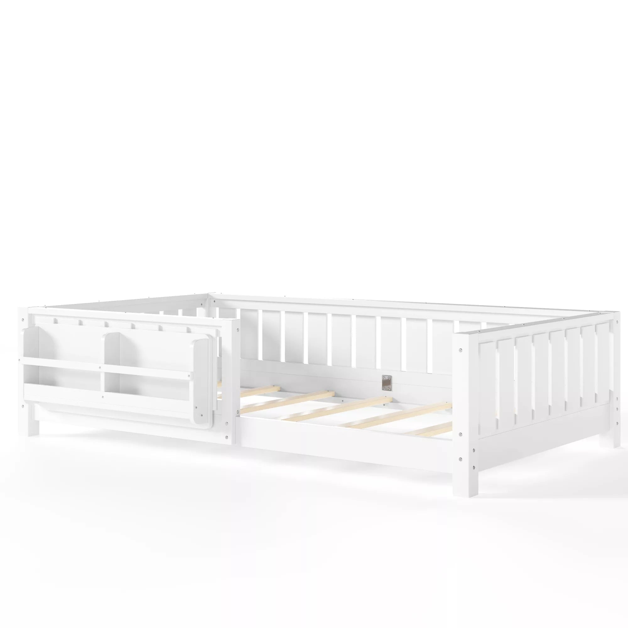 White Montessori floor bed with protective rails for children's bedroom