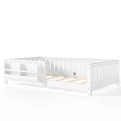 White Montessori floor bed with protective rails for children's bedroom