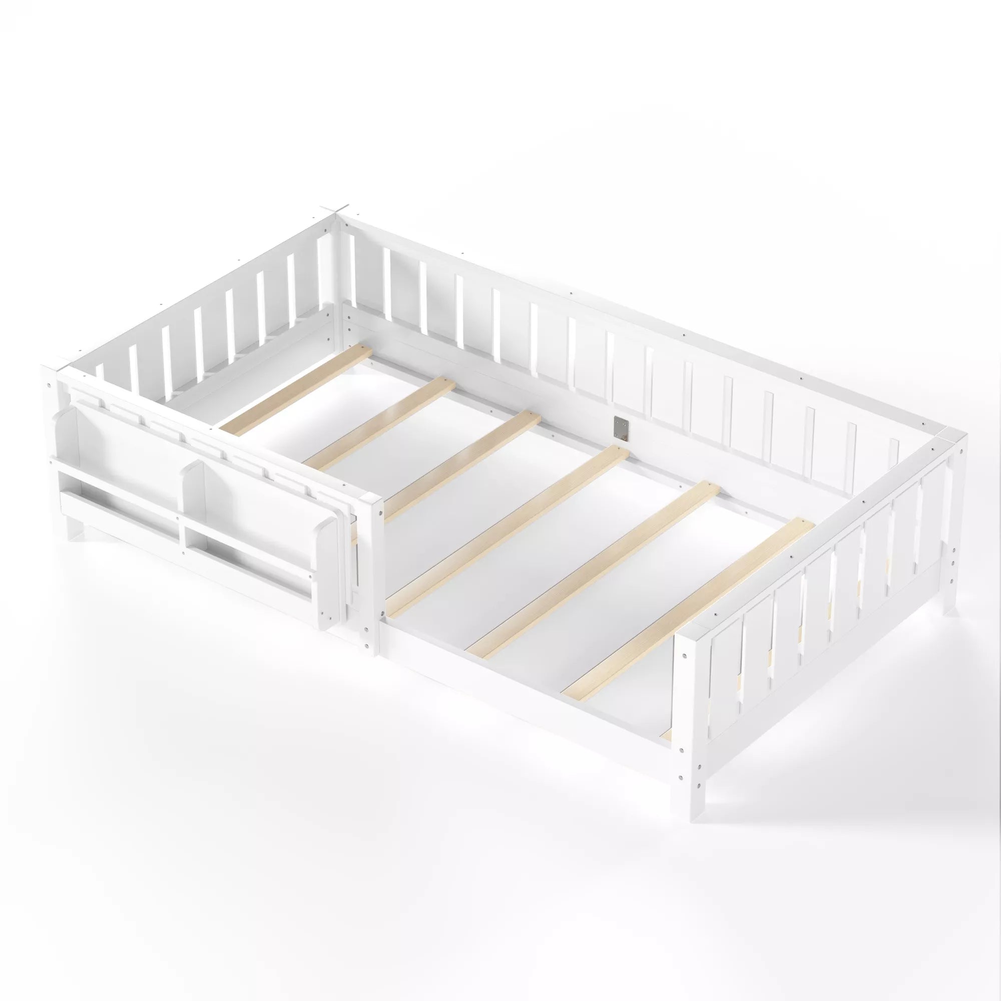 Kids Montessori floor bed frame with secure guardrails and wooden slats