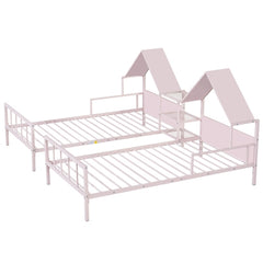 Bellemave® Double Twin Size Metal Platform Bed with House-shaped Headboard and a Built-in Nightstand