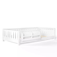 Low height children's floor bed with safety railing design