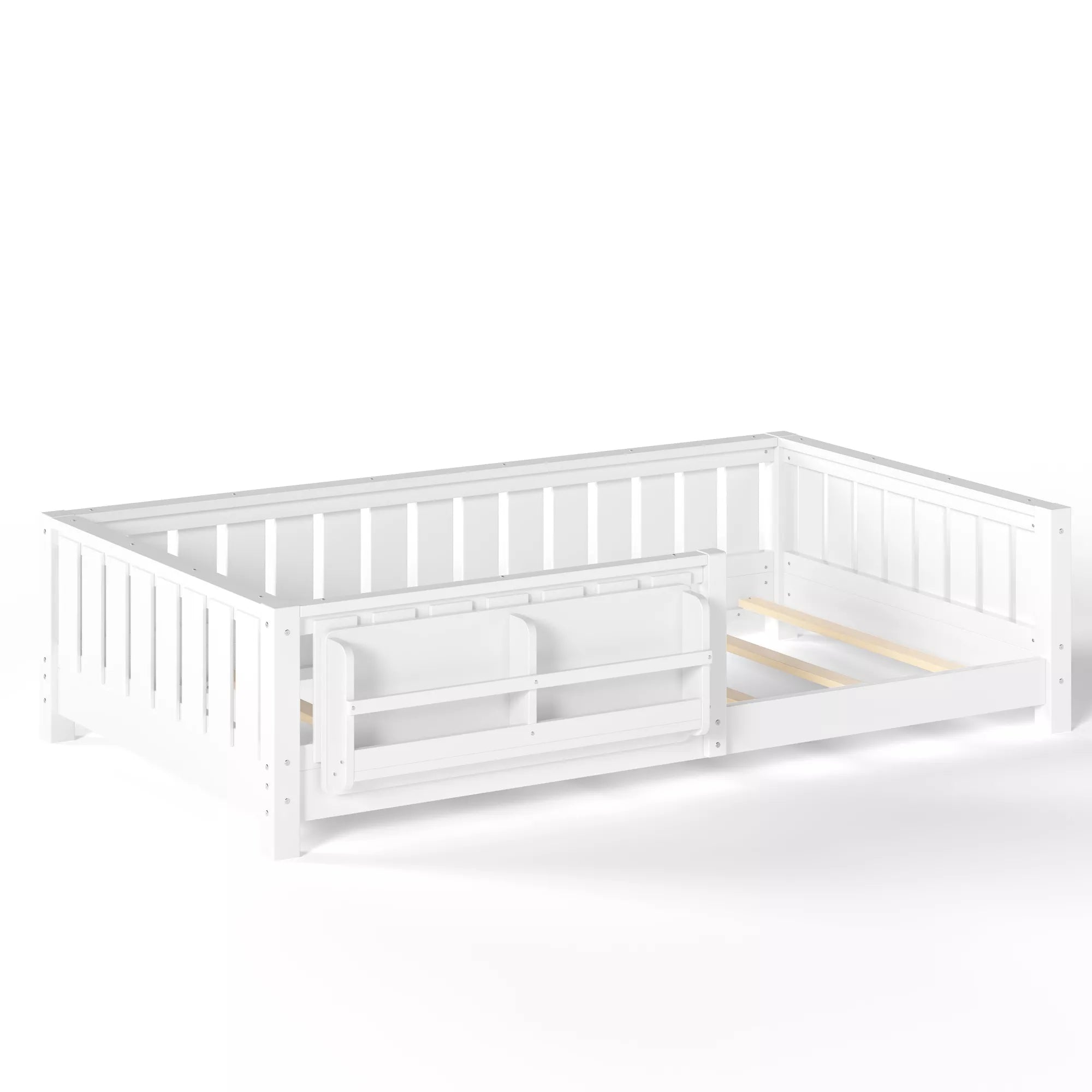 White kids floor bed with full surrounding guardrails and simple design