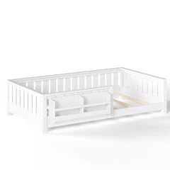 White kids floor bed with full surrounding guardrails and simple design