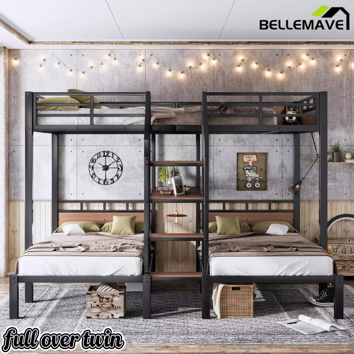 Bellemave® Full over Twin over Twin Metal Bunk Bed with Shelf & Stairs, Heavy Duty Triple Bunk Beds with Safety Guardrails, for 3 Kids, Teens, Black Bellemave®