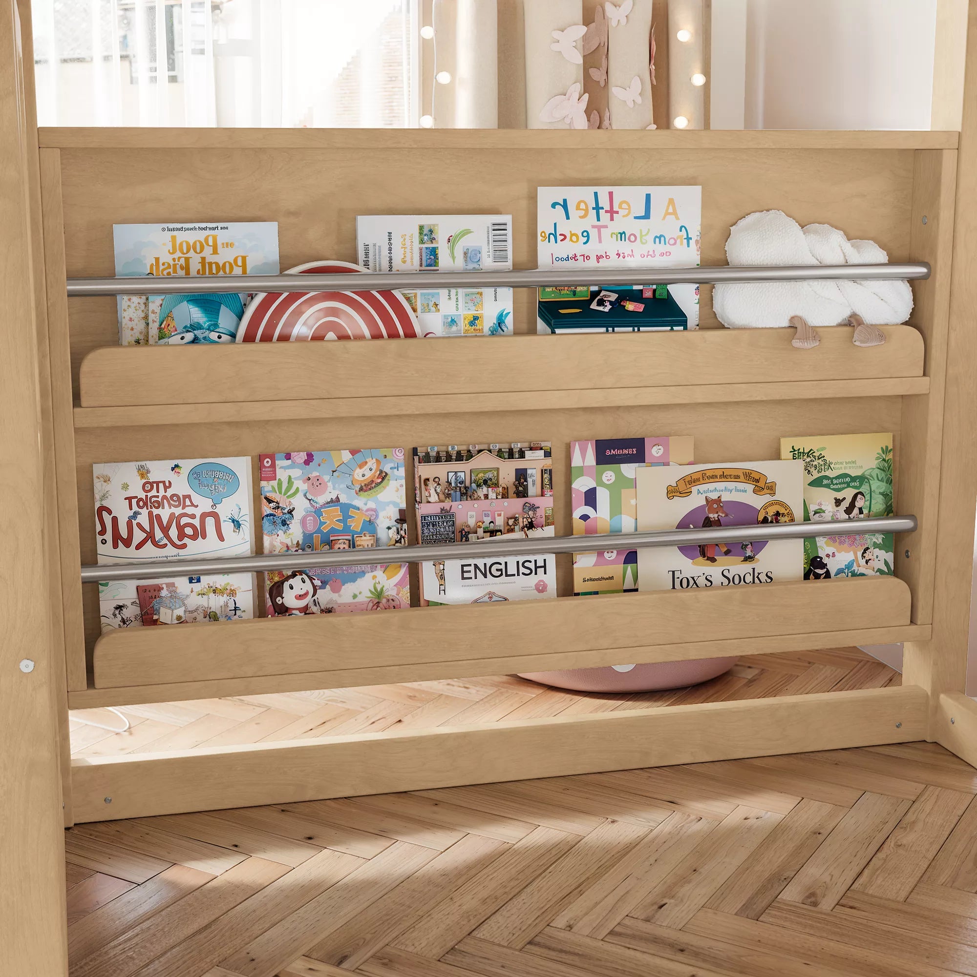 Kids loft bed with built-in storage shelves and play area underneath