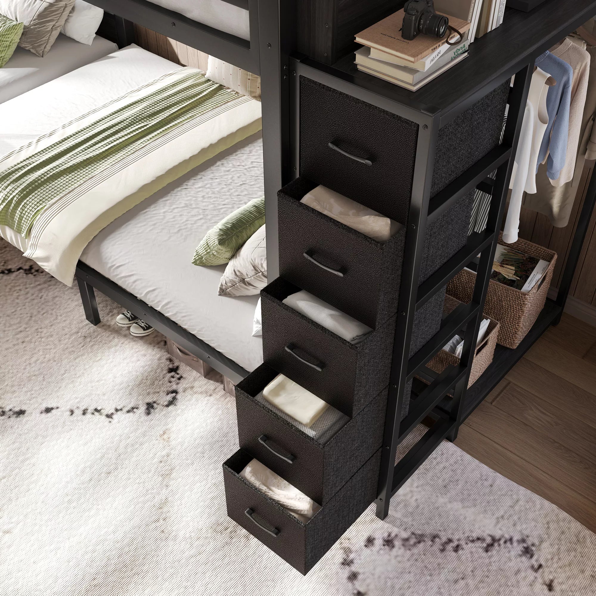bunk bed with fabric storage drawers for bedroom organization