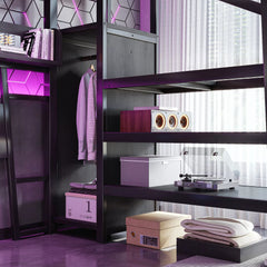 Gaming loft bed with wardrobe and storage shelves interior view