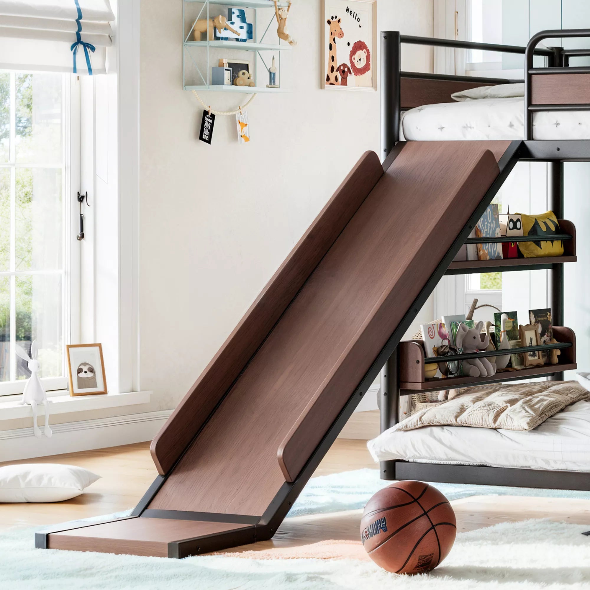 Metal loft bed with slide and climbing wall designed for children's bedroom