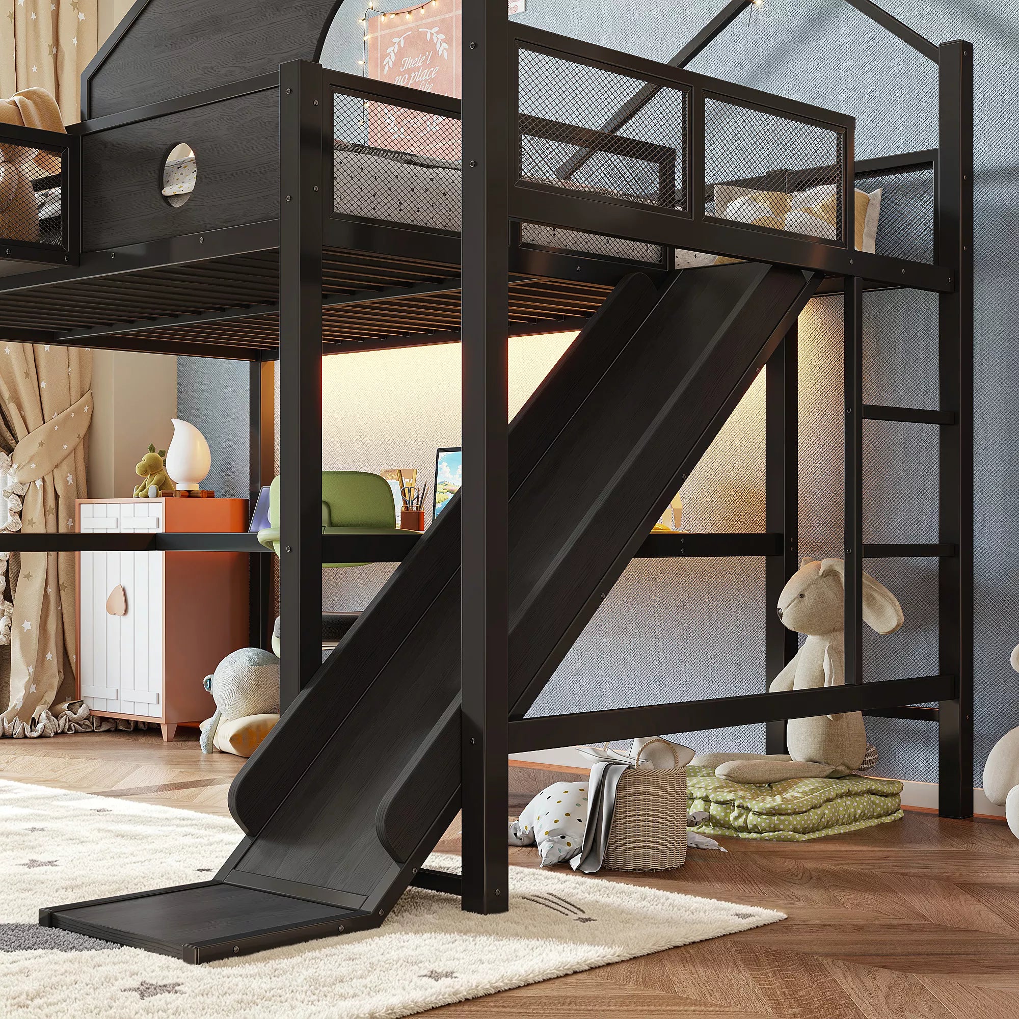 Loft bed with slide in bedroom setting