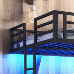 Close-up of bunk bed frame with blue LED lighting
