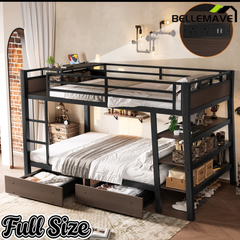 Bellemave® Full Size Bunk Bed with Storage Drawers & 3-Tier Shelves, Heavy Duty Metal Bunk Beds with Charging Station & Light, Black