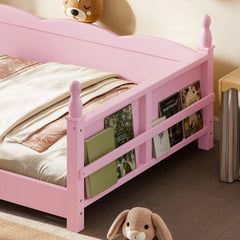 Bellemave® Floor Bed with Bookshelf & Safety Guardrails for Kids, Wooden Montessori Bed Frame with Childlike Design for Girls Boys Bellemave®