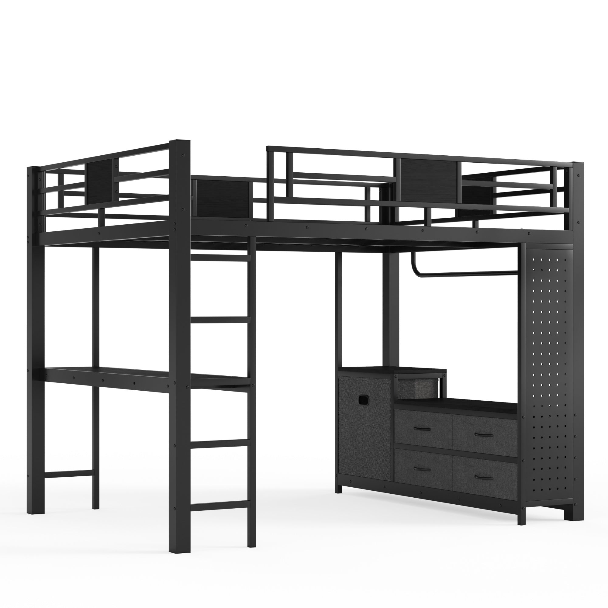 Bellemave® Queen Size Metal Loft Bed with Desk, Storage Shelves & Clothesline Pole, Storage pegboard, Laundry Bag,for Adults, Kids, Teens, Black Bellemave®