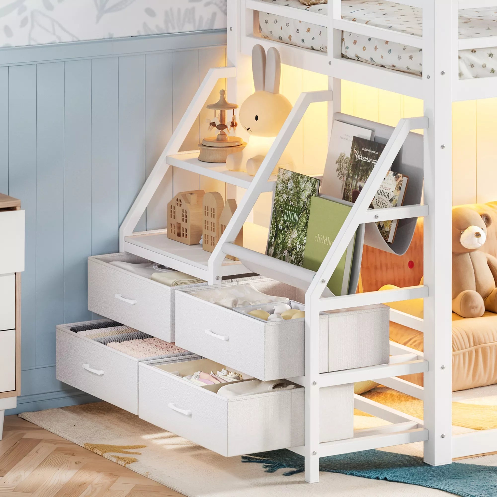 Bellemave® Twin over Twin Bunk Bed with LED, Storage Shelves & Drawer, Metal Floor Bunk Bed for Kids Bellemave®
