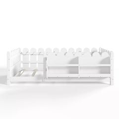 Bellemave® Solid Wood Montessori Floor Bed with High Fence Guardrails, Bookshelf & LED Light, Low Profile Kids Bed Frame Bellemave®