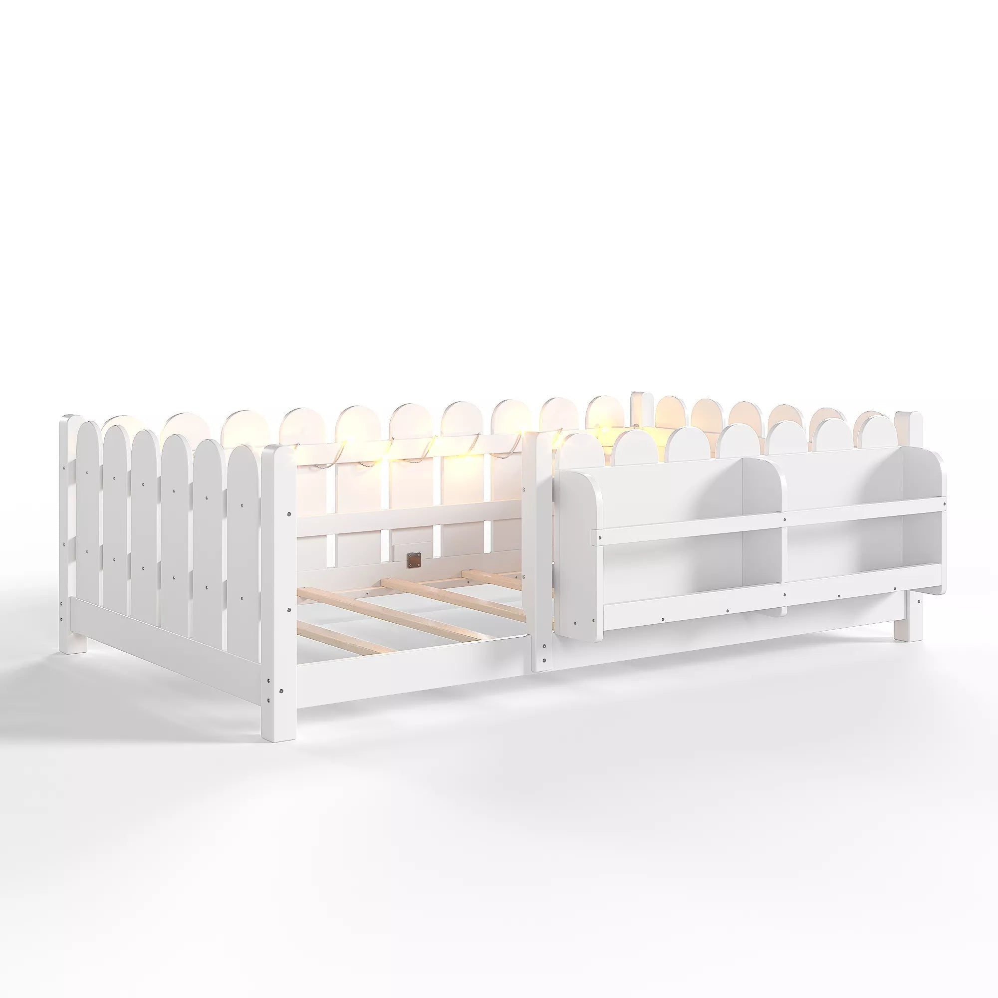Bellemave® Solid Wood Montessori Floor Bed with High Fence Guardrails, Bookshelf & LED Light, Low Profile Kids Bed Frame Bellemave®