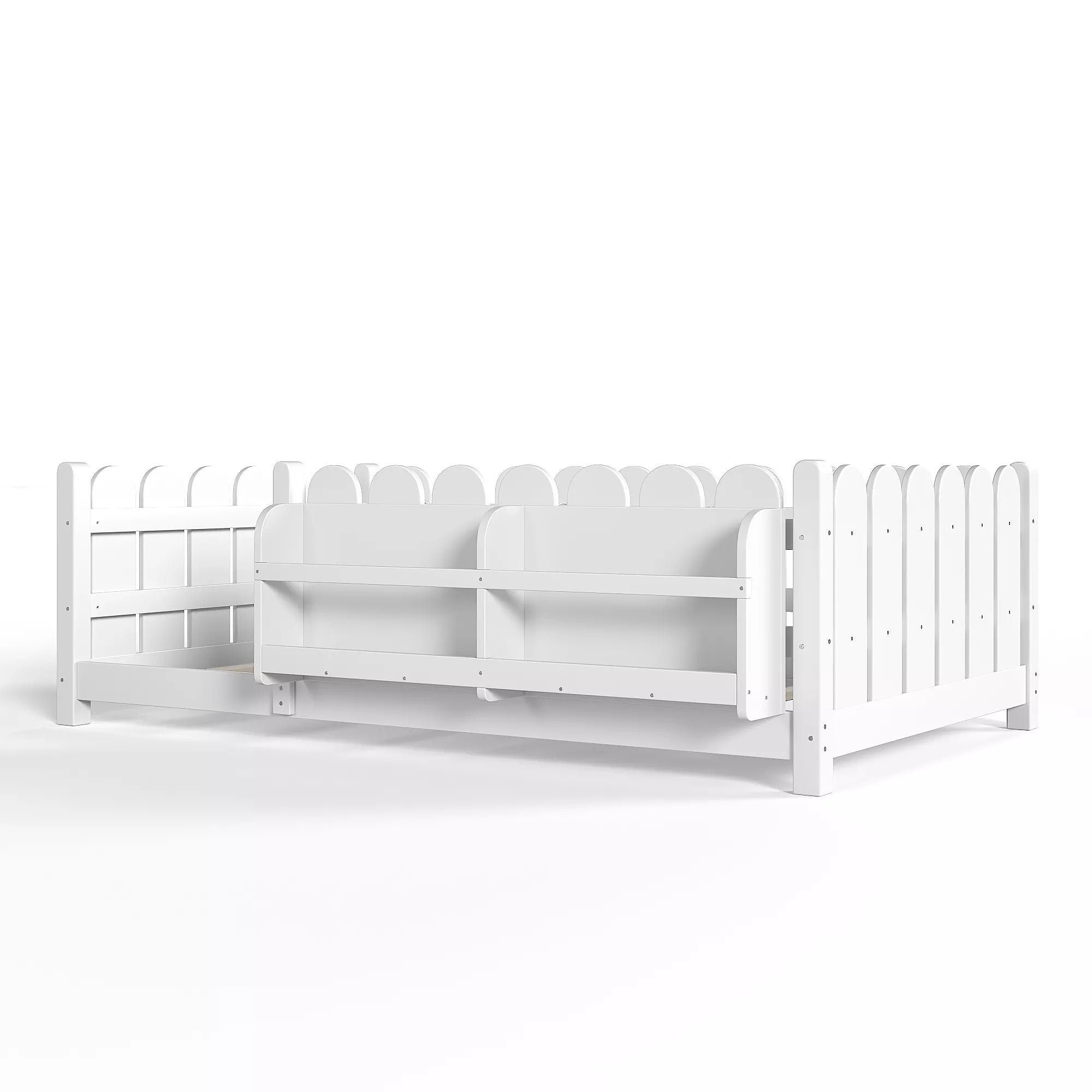 Bellemave® Solid Wood Montessori Floor Bed with High Fence Guardrails, Bookshelf & LED Light, Low Profile Kids Bed Frame Bellemave®