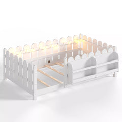 Bellemave® Solid Wood Montessori Floor Bed with High Fence Guardrails, Bookshelf & LED Light, Low Profile Kids Bed Frame Bellemave®